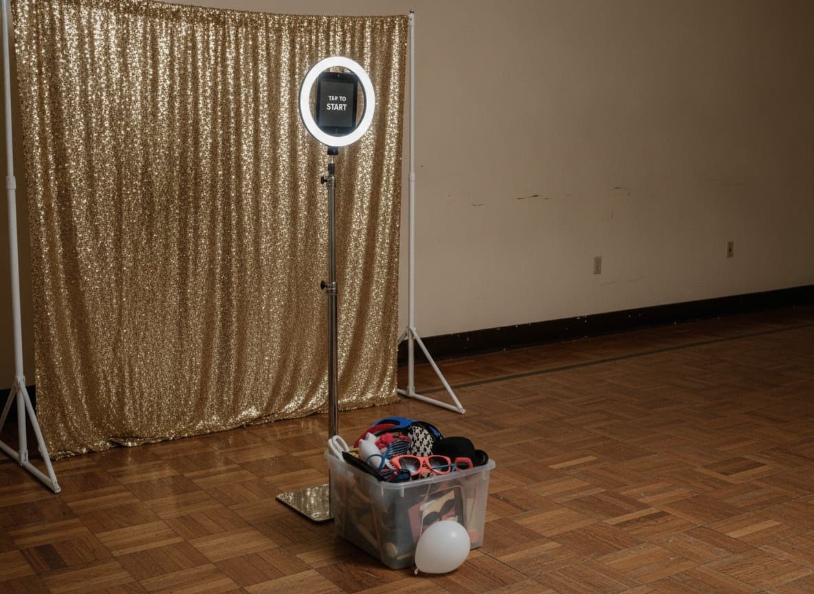 A self-serve kiosk: a tablet on a stand with a ring light, a sagging sequin backdrop and a bin of props, alone on an empty dance floor